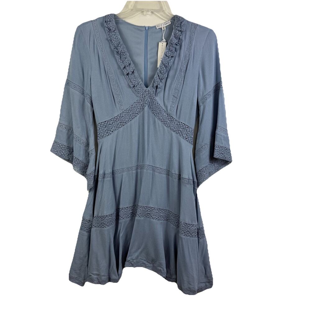 Baltic Born Slate Blue V‑Neck Mini Dress with Lace Insets